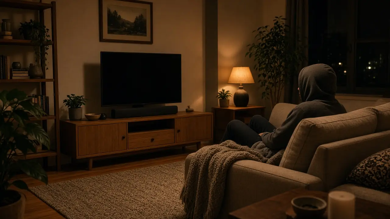 A person in a hoodie on a sofa in a lamp-lit apartment living room at night, facing a TV with a slim bar speaker on a low wooden console over a thick rug