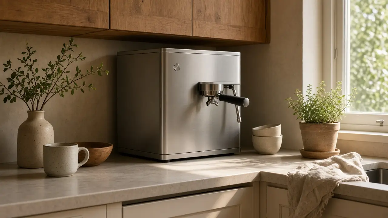 A compact, plain stainless espresso machine tucked under low wooden upper cabinets in a sunny small kitchen