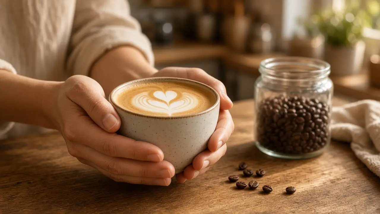 Hands holding a ceramic cup of latte with heart latte art beside a jar of coffee beans on a sunlit wooden counter